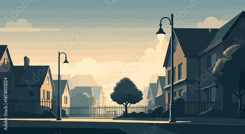 Serene suburban street at dusk with classic lampposts illuminating cozy homes and a lone tree