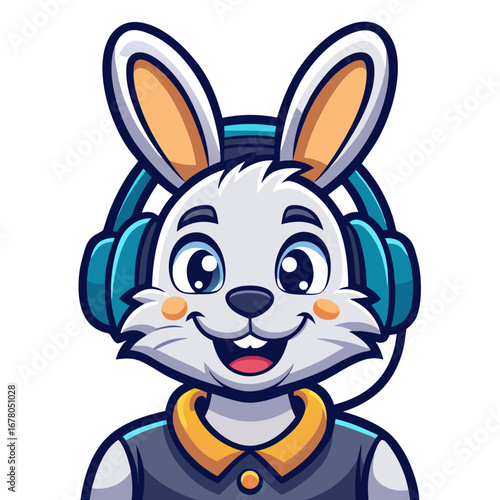 Smiling Bunny Gamer Mascot with Headset and Bold Shading
