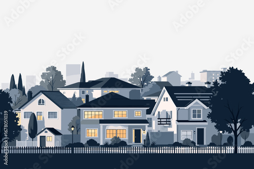 Charming suburban neighborhood street scene with cozy houses and warm lights, perfect for real estate or lifestyle concepts.