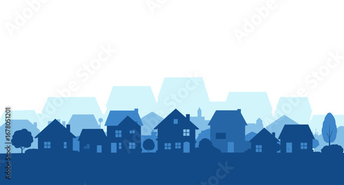 Serene suburban neighborhood silhouette with charming houses and trees against a bright sky, evoking peaceful community living