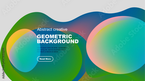 Abstract geometric background features vibrant overlapping shapes. Gradient colors blend smoothly creating modern design. Text present, button visible.