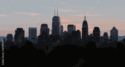 Stunning city skyline at dusk with silhouetted skyscrapers and soft pastel sky, evoking urban elegance and modern ambition.