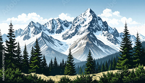 Winter wilderness with mountains. Forest pathway leading to mountains. Serene snowy mountain landscape. Majestic snow-capped mountain scene. Mountain art with snow and trees