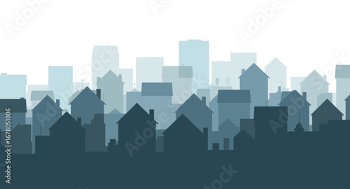 Serene urban skyline silhouette with layered houses and modern buildings creating a peaceful, atmospheric cityscape.