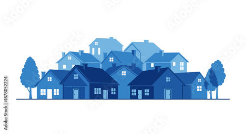Charming neighborhood scene with cozy blue houses and lush trees, perfect for real estate or community themes