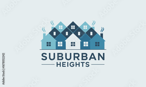 Charming row of blue houses with smoke from chimneys creates a cozy suburban neighborhood feel, perfect for real estate branding