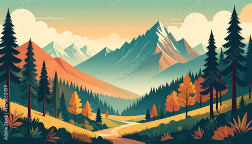 Beautiful colorful fall forest and peaks. Mountain range with autumn hues and trees. Lush mountain valley with colorful forest. Vivid mountain landscape in autumn colors. Calm forest and mountain