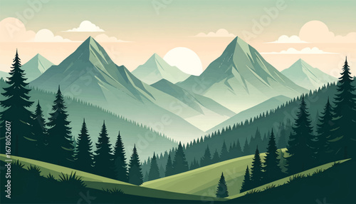 Golden hour mountain landscape view. Lush green hills and snowy mountains. Fresh mountain landscape with trees. Stunning view of high mountain peaks. Misty mountains with forest foreground