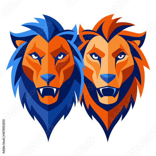 Dual Lion Heads in Orange and Blue with Geometric Manes and Opposing Stances
