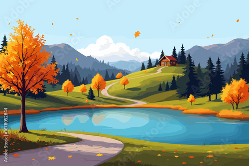 Serene autumn landscape with vibrant orange foliage, a tranquil blue lake, and a cozy cabin nestled on a rolling hillside