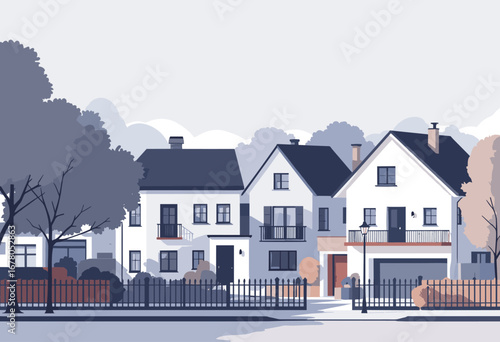 Charming suburban street scene featuring modern houses with dark roofs and manicured gardens, evoking peaceful neighborhood living and real estate appeal.