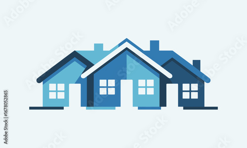 Modern blue houses clustered together symbolizing community, real estate, and homeownership in a vibrant, clean design.