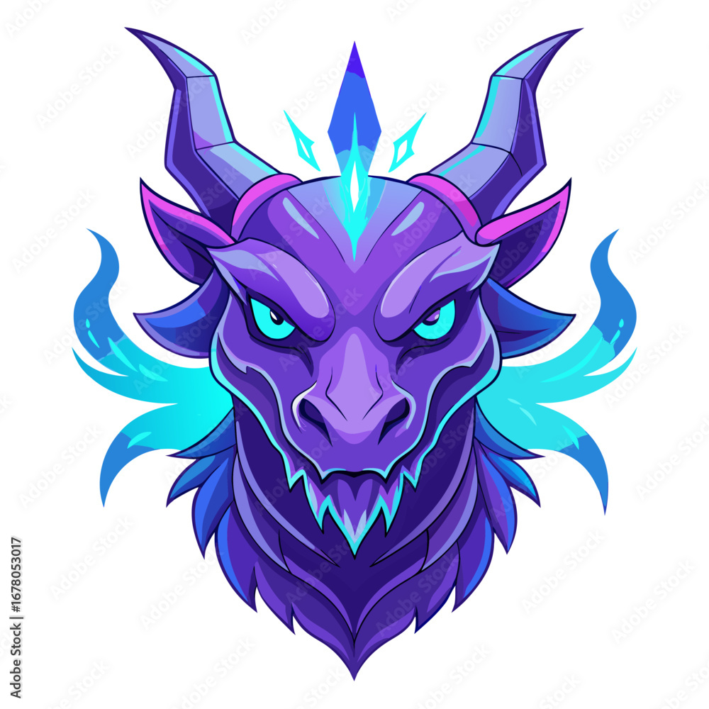 Fototapeta premium Purple Dragon Head with Blue Horns and Gradient Haze for Fantasy Esports Identity