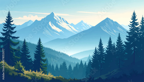 Mountain landscape with pine trees. Scenic view of serene mountain range. Natural forest and distant mountains. Peaceful mountain scenery with trees. Snow-capped peaks and forest view