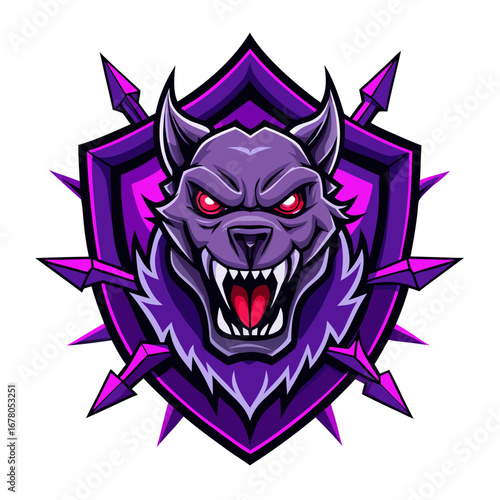 Demonic Beast Mascot with Sinister Grin in Spiked Shield and Purple Energy Bursts