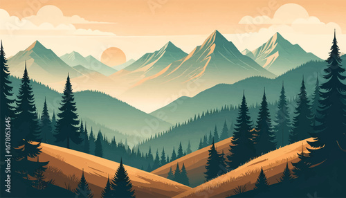 Mountain landscape in soft sunrise glow. Serene mountain valley in green tones. Tranquil forest and mountain backdrop. Sunset over distant mountain peaks. Peaceful woodland and hill scenery