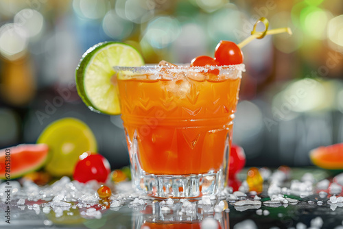 Tomato Margarita with Fresh Tomato Puree, Tequila, Triple Sec, Lime Juice and Agave Syrup in Salt-Rimmed Glass