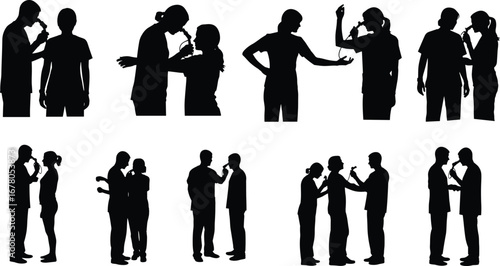 Silhouette doctors examining patients, medical checkup illustration, healthcare professionals, hospital consultation scene, doctor and patient interaction, stethoscope diagnosis, 