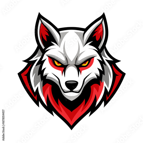 Heroic Red-Eyed Wolf Head with White Fur in Bold Angular Esports Style