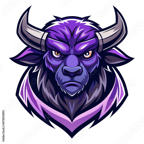 Deep Violet Fantasy Ox Mascot with Powerful Stare and Sharp Contour Lines