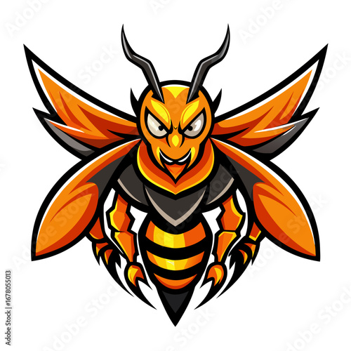 Flaming Orange Hornet Mascot with Pointed Stinger and Stylized Wings