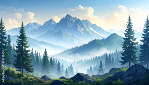 Forest landscape with distant mountains. Mountain view with dense pine trees. Misty forest and blue mountain backdrop. Fog-covered mountain range at sunrise. Foggy mountain scene with pine trees
