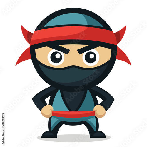 Flat-Style Cartoon Ninja Mascot with Headband and Minimal Geometric Shapes