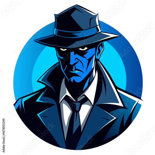 Shadowy Detective in Hat and Trench Coat with Glowing Blue Noir Highlights