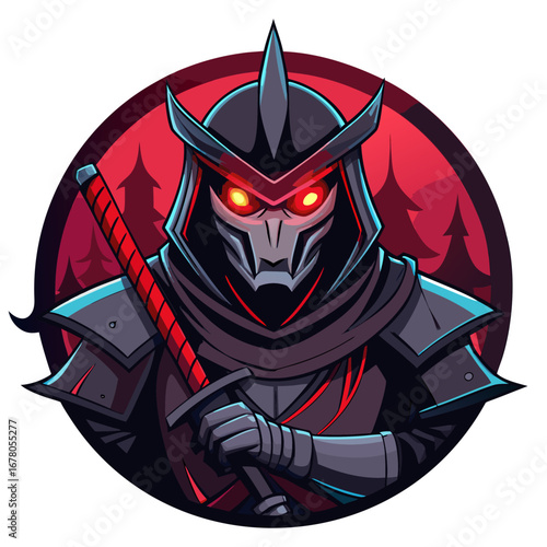 Dark Samurai or Assassin with Glowing Red Eyes and Katana in Night-Themed Badge
