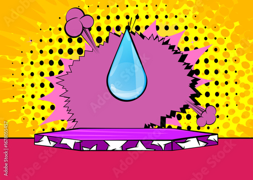 Comic Book Product podium stage for mockup presentation with Water Drop. Retro comics background.