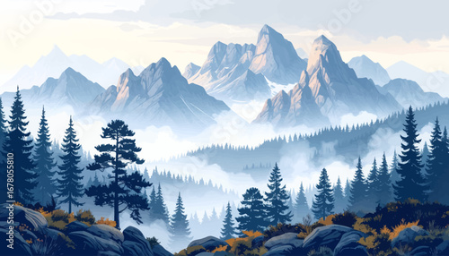 Majestic mountain landscape at dawn. Misty forest and peaks in daylight. Serene misty mountain range view. Mountain scene with fog and trees. Calm morning in the misty mountains