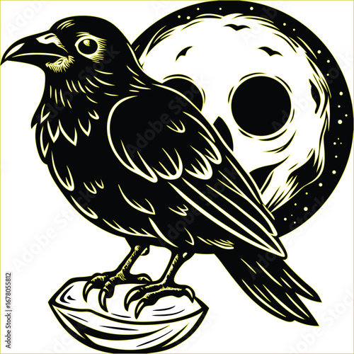 A cartoon animal vector illustration of a wild the crow possibly a hawk or eagle, perched on a tree branch with black wings and a prominent beak