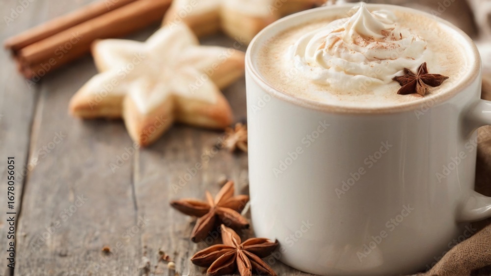 Closeup of a white mug with latte/cappuccino and whipped cream, surrounded by spices on a wooden table. Closeup of a white mug with latte/cappuccino and whipped cream, surrounded by spices on a wooden table.