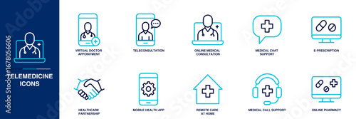Telemedicine Line Icon Set Blue Colored Outline Icon Set