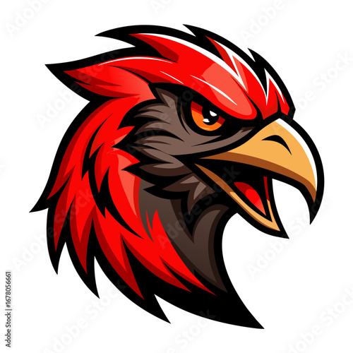Aggressive Red-and-Black Bird Head in Dramatic Lighting with Forward Beak
