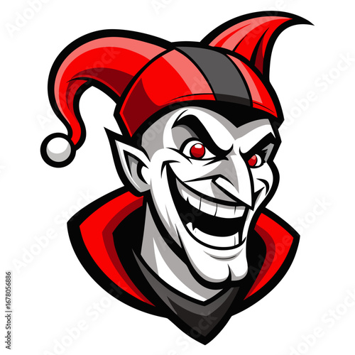 Evil Jester Mascot with Exaggerated Smile and Red-Black Vector Contrast