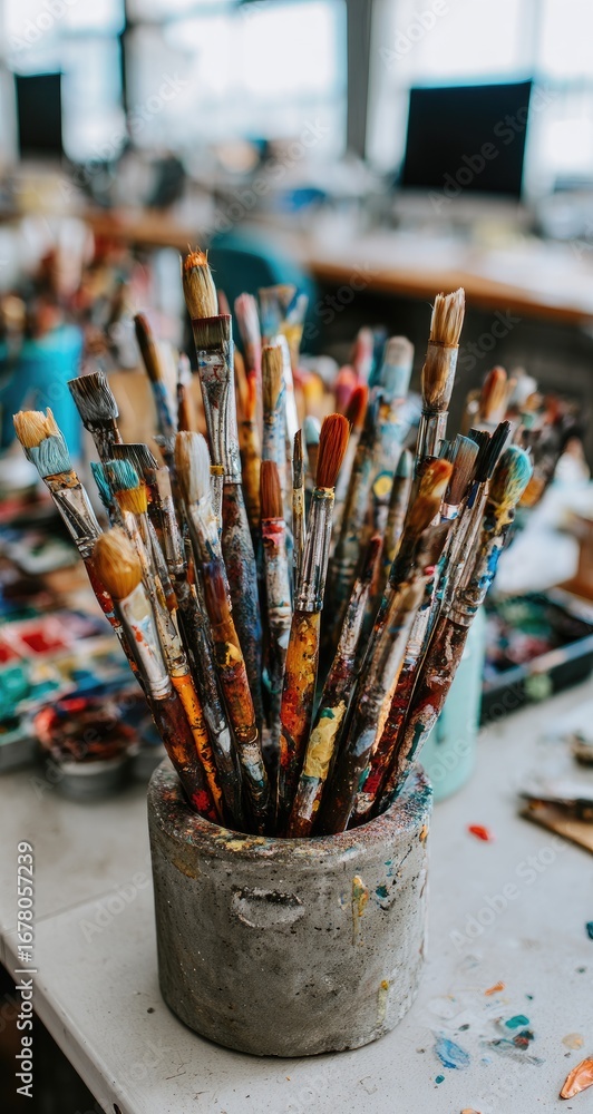 Fototapeta premium Paintbrushes stand upright in a textured container; a colorful, artistic mess