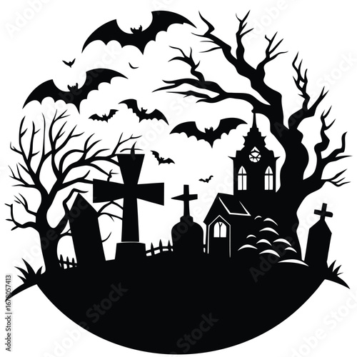 A spooky Halloween night with a haunted castle, black trees, and bats in silhouette against a full moon
