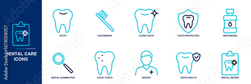 Dental Care Blue Colored Outline Icon Set