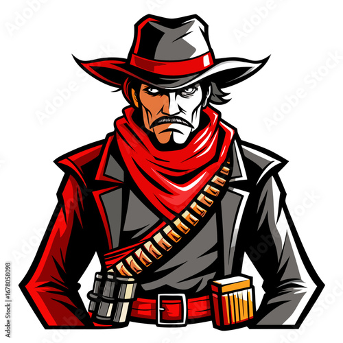 Western Outlaw with Red Scarf and Bullet Belt in Bold Line Art