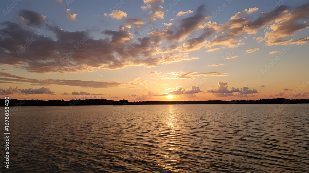 Naklejka premium unset at the lake And the sky with golden clouds.
