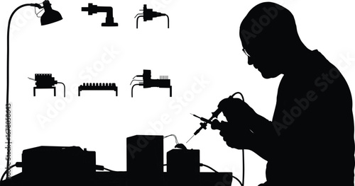 Silhouette of man soldering electronic components, electronics workshop, soldering iron, circuit repair, DIY technology, engineering, hardware development, electrical work, hobbyist, innovation