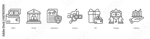 Financial Strategy banner web icon set vector illustration concept with icon of wallet, private, regulatory, analysis, gift, strategy, statistics