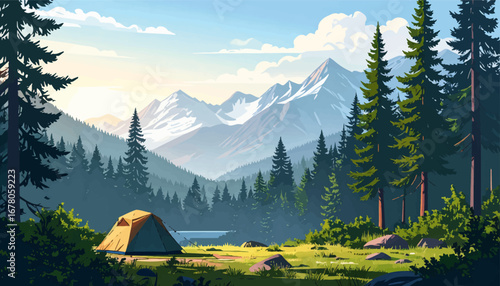 Serene camping scene in mountain forest. Peaceful mountain landscape with a tent. Scenic outdoor camping. Tranquil tent by the lakeside in the mountains. Vibrant nature camp under blue skies
