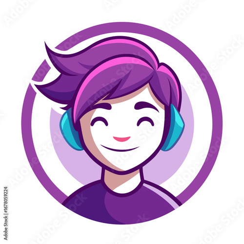 Playful Character with Blush Cheeks and Purple Hair Swirl in Minimal Circle Logo