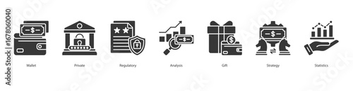 Financial Strategy banner web icon set vector illustration concept with icon of wallet, private, regulatory, analysis, gift, strategy, statistics