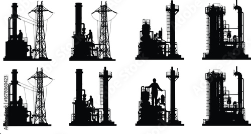 Silhouette of workers at refinery plant, oil and gas industry, power station, energy infrastructure, industrial towers, engineering, construction, manufacturing, safety