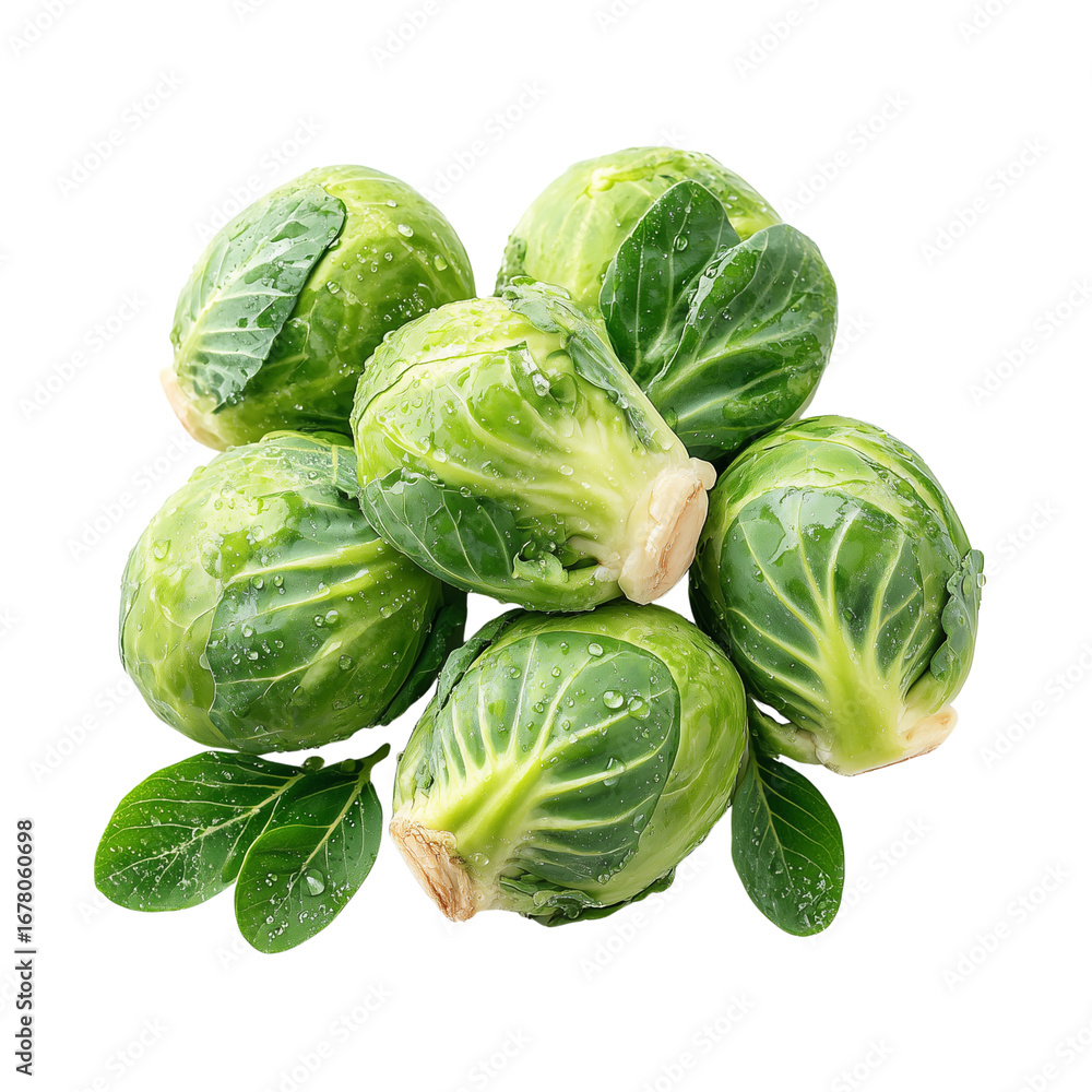 Fototapeta premium Fresh Brussels sprouts with visible water droplets, isolated on transparent background