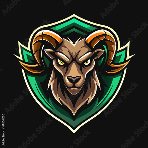 Fierce Ram Mascot with Exaggerated Horns in Dark Shield Esports Crest