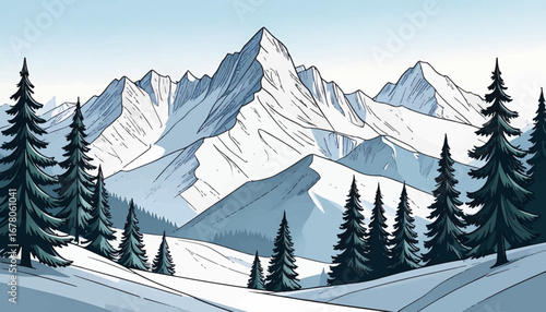 Winter wilderness with sharp peaks. Snow-covered trees and mountains. Winter journey through snowy mountains. Rocky mountain forest in winter. Majestic snow-covered mountain peaks